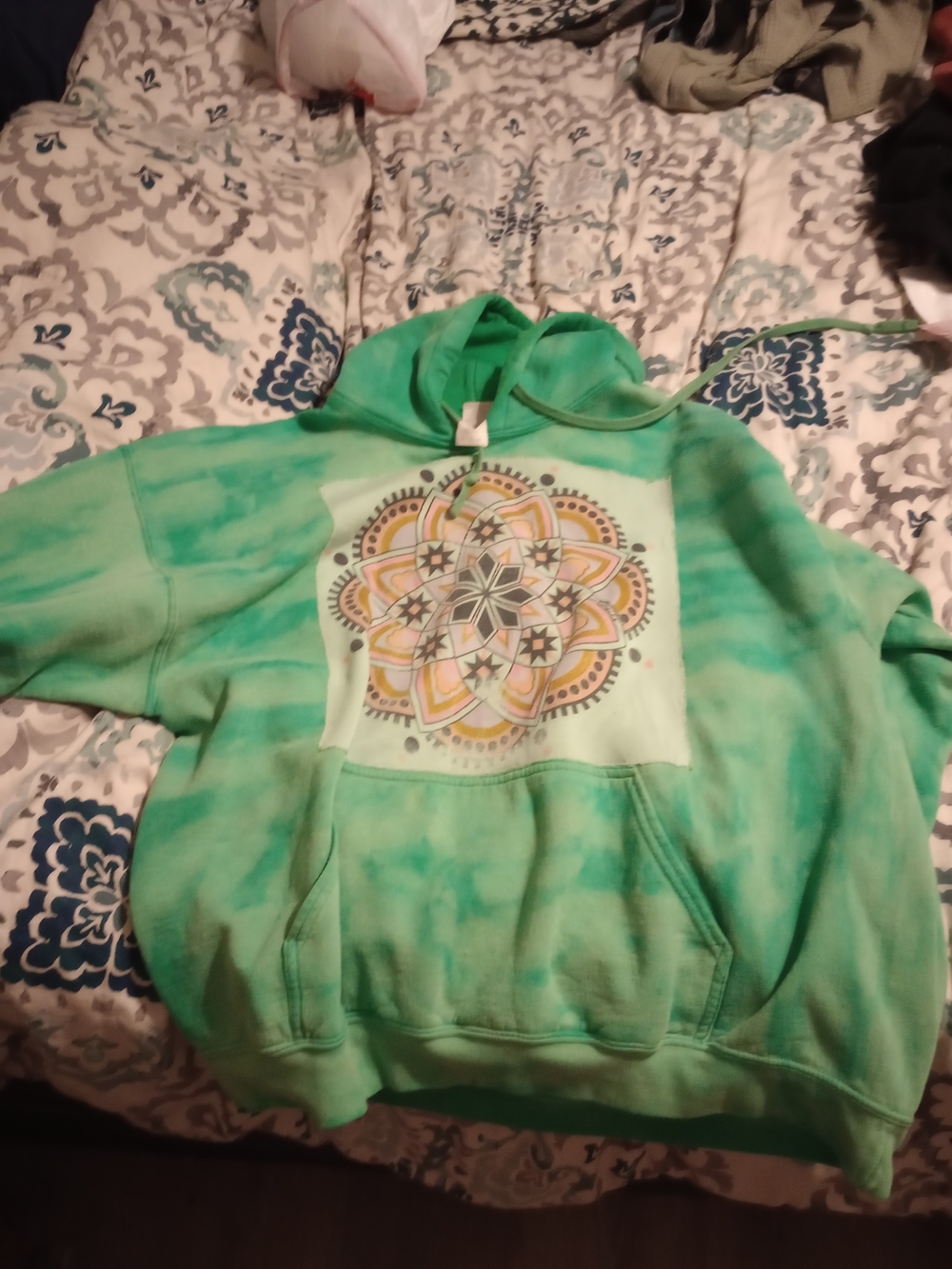 Custom Green Tie-Dye Hoodie with Mandala Print